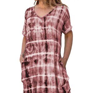 Boho Chic Casual Tie Dye Printed Midi V-Neck Beachy Stretch w Pockets Dress 16